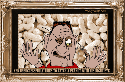 Ken unsuccessfully tries to catch a peanut with his right eye